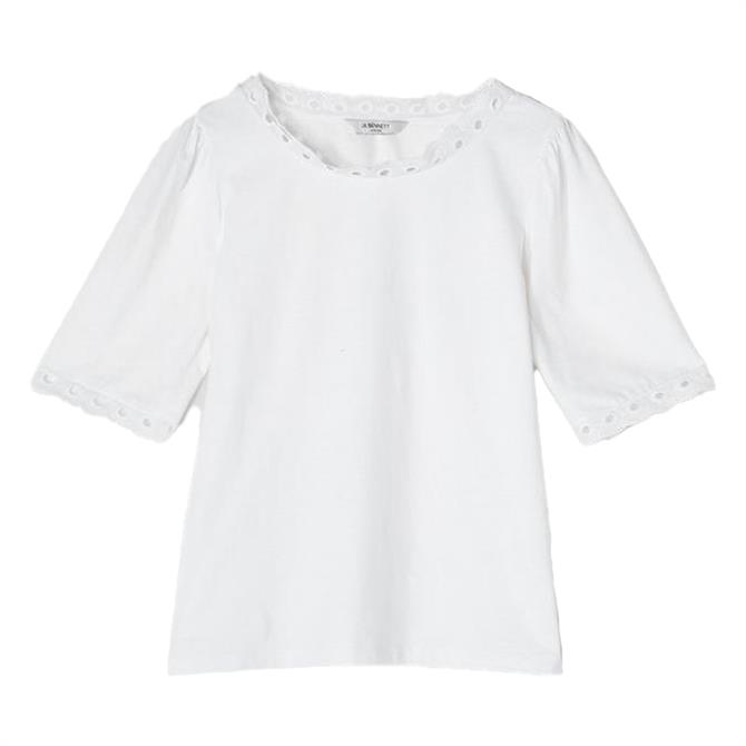 L.K. Bennett Lilly White Jersey Broderie Anglaise Trim T Shirt